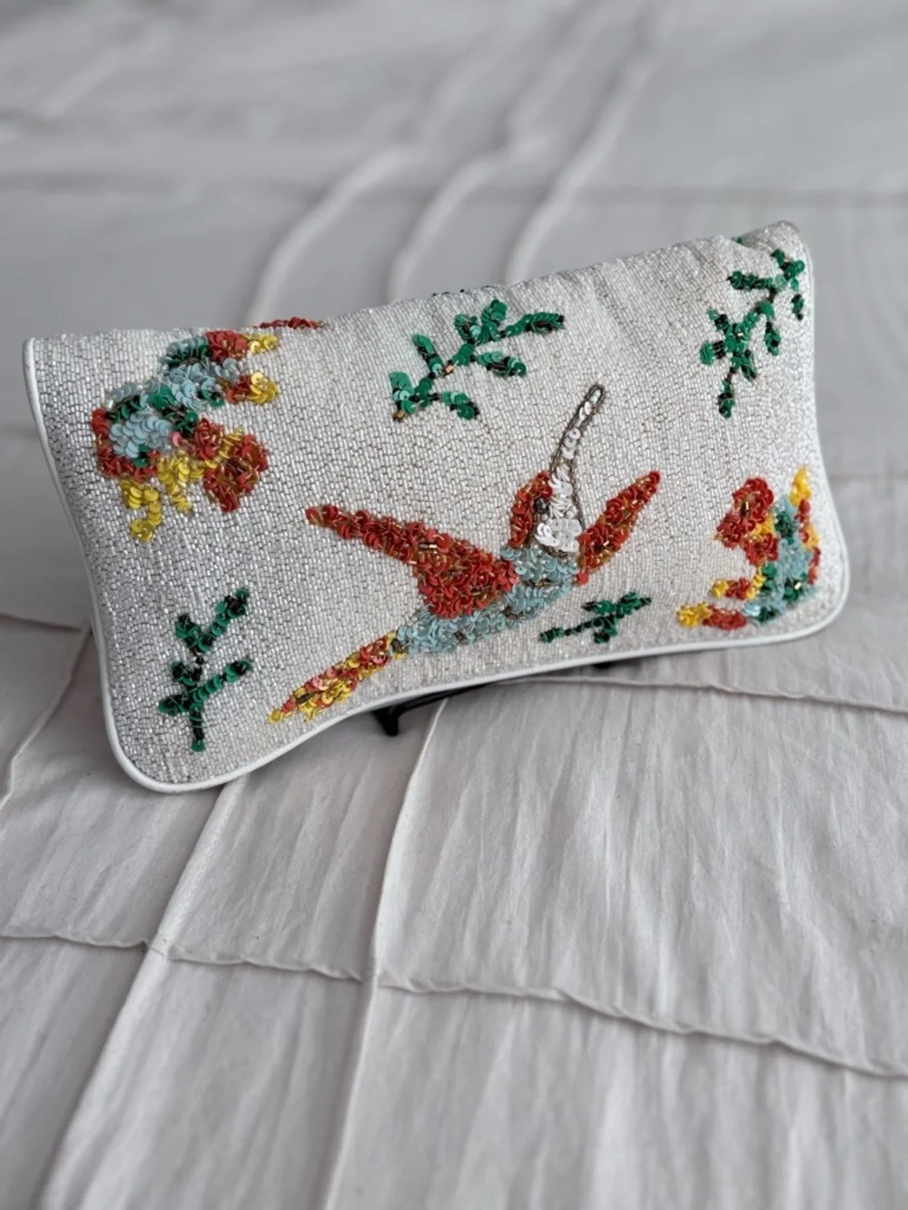 Alice + Olivia White Beaded Clutch with Multicolor Floral & Bird Motif - Picture 2 of 7